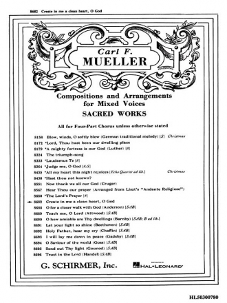 Carl F. Mueller, Create In Me A Clean Heart, O God SATB and Organ Chorpartitur