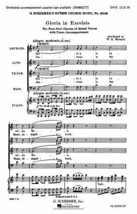 Wolfgang Amadeus Mozart, Gloria In Excelsis SATB and Piano Chorpartitur