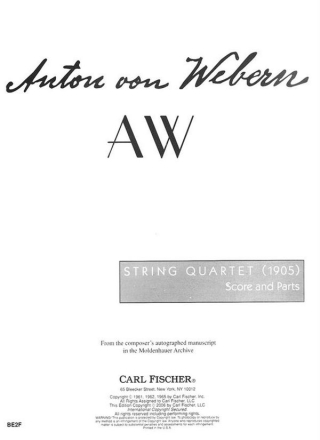 Anton Webern String Quartet (1905) Streichquartett Studienpartitur