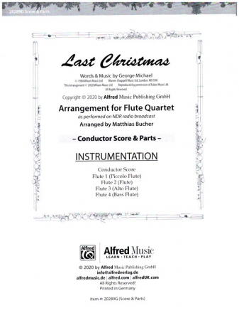 Last Christmas for flute quartet score and parts