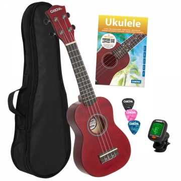 Sopran Ukulele Linde Rot Set (inkl. Schule, Tuner, ungepolsterte Tasche und 3 Plektren)