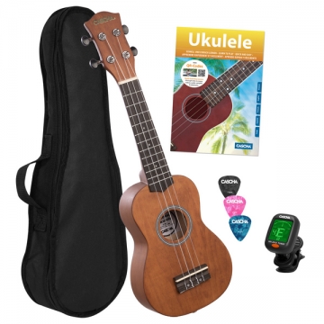 Sopran Ukulele Linde Cappuccino Set (inkl. Schule, Tuner, ungepolstert Tasche und 3 Plektren)