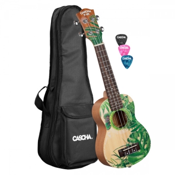 Sopran Ukulele Leafy (inkl. gepolsterte Tasche, 3 Picks)