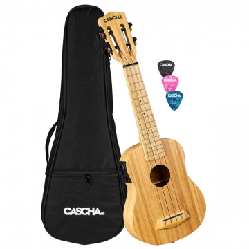 Sopran Ukulele Bamboo Natur mit Tonabnehmersystem (inkl. gepolsterte Tasche, 3 Plektren, Tonabnehmer mit integriertem Stimmgert und 3-Band-Equalizer)