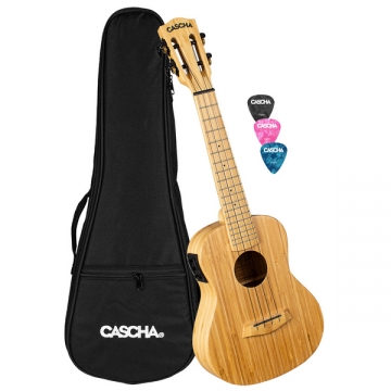 Konzert Ukulele Bamboo Natur mit Tonabnehmersystem (inkl. gepolsterte (inkl. gepolsterte Tasche, 3 Plektren, Tonabnehmer mit integriertem Stimmgert und 3-Band-Equalizer)