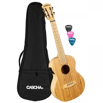 Tenor Ukulele Bamboo Natur mit Tonabnehmersystem (inkl. gepolsterte Tasche, 3 Plektren, Tonabnehmer mit integriertem Stimmgert und 3-Band-Equalizer)