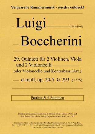 Quintett d-Moll Nr.29 op.20,5 G293 fr 2 Vl, Va, 2 Vc (oder Vc, Kb) Partitur und Stimmen