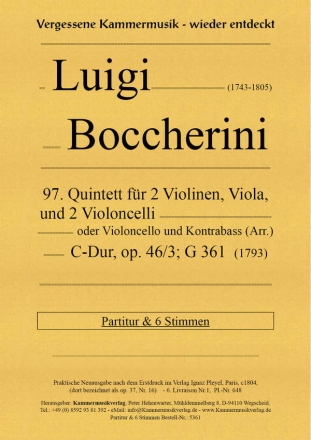 Steichquintett Nr.97 C-Dur op.46,3 fr 2 Violinen, Viola und 2 Violoncelli (Violoncello und Kontrabass)  Partitur und Stimmen