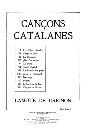 Juan Lamote De Grignon, Canons Catalanes Vocal and Piano Buch