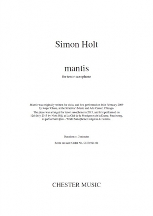 Simon Holt: Mantis (Tenor Saxophone) Tenor Saxophone Instrumental Work