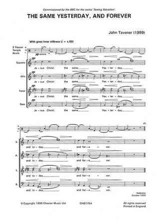 John Tavener: The Same Yesterday, Today And Forever (Score) SATB, Percussion Score