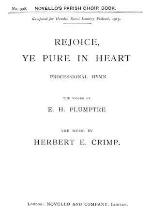 Herbert E. Crimp, Rejoice Ye Pure In Heart (Hymn) SATB and Organ Chorpartitur