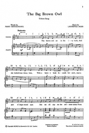 Ager, L The Big Brown Owl Unison Unison Voice Vocal Score