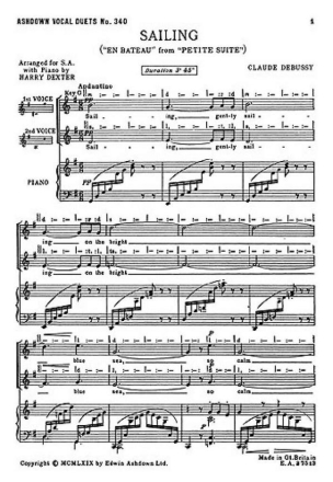 Debussy: Sailing (SA/Piano) High Voice, 2-Part Choir, Piano Accompaniment Vocal Score