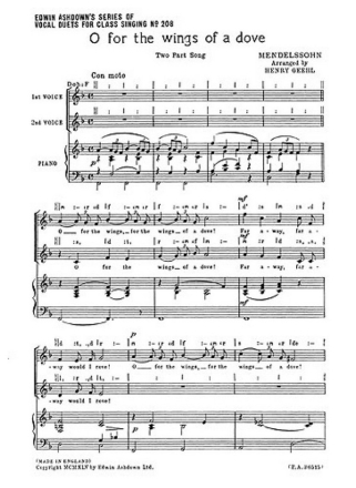 Felix Mendelssohn: O For The Wings Of A Dove (2-Part Choir) Voice, Piano Vocal Work