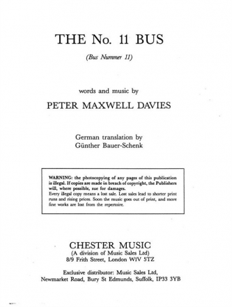 Maxwell Davies: No 11 Bus Piano Score Piano Instrumental Work