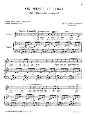 Felix Mendelssohn: On Wings Of Song Op.34 No.2 Voice/Piano (Eng/Ger) I Voice, Piano Accompaniment Vocal Work