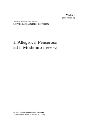 Georg Friedrich Hndel, L'Allegro, Il Penseroso Ed Il Moderato SATB, Violin, Viola, Organ, Double Bass and Orchestra Stimmen-Set