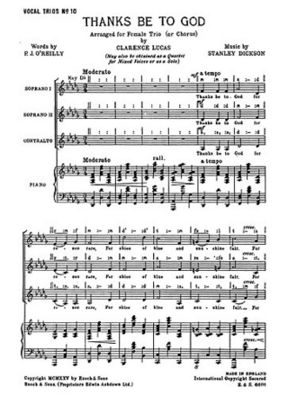 Stanley Dickson: Thanks Be To God SSA, Piano Accompaniment Vocal Score