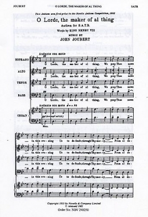 John Joubert, O Lorde, The Maker Of Al Thing SATB and Organ Chorpartitur