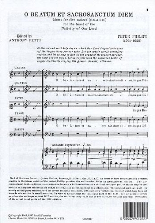 Peter Philips: O Beatum Et Sacrosanctum Diem SATB Vocal Score