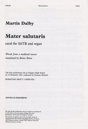 Martin Dalby, Mater Salutaris SATB and Organ Chorpartitur