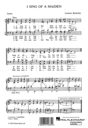 Lennox Berkeley: I Sing Of A Maiden SATB, Organ Accompaniment Vocal Score