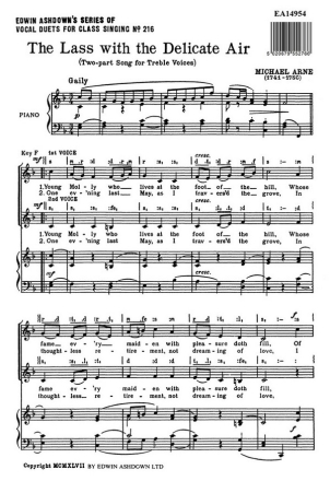 Michael Arne: The Lass With The Delicate Air (2-Part/Piano) Soprano, Piano Accompaniment Vocal Score