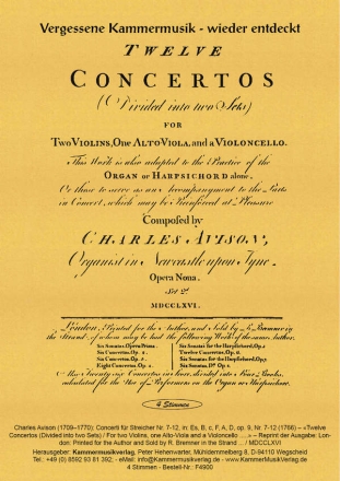 Avison, Charles Concerti fr Streicher in: Es, B, c, F, A, D, op. 9,  Nr. 7-12