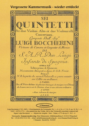 Boccherini, Luigi 6 Streichquintette der Erstausgabe: A, Es, c, C, Es, D op. 10, Nr. 1-6