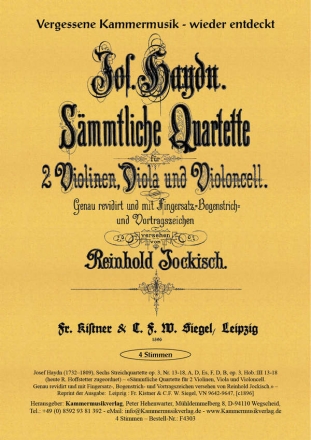 Haydn, Josef Sechs Streichquartette op. 3, A, D, Es, F, D, B op. 3