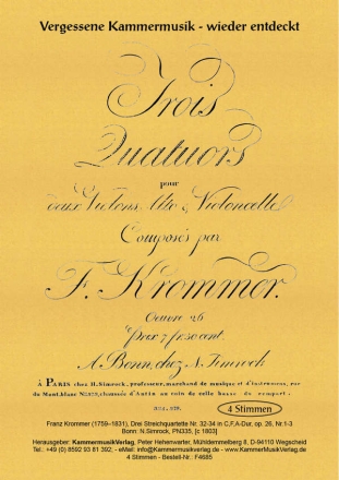 Krommer, Franz drei Streichquartette C,F,A op. 26, Nr.1-3