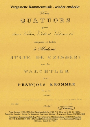 Krommer, Franz drei Streichquartette F, D, B-Dur op. 54, Nr. 1-3