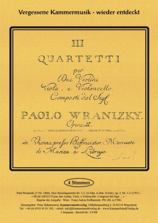 Wranitzki, Paul Drei Streichquartette (G-Dur, A-Dur, D-Dur) op. 2, Nr. 1-3