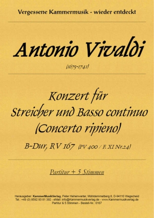 Konzert B-Dur RV167 (PV400, F.XI:24) fr Streicher und B.c.  Partitur und 5 Stimmen