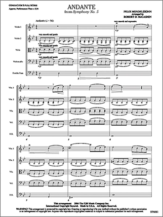 Felix Mendelssohn: Andante From Symphony No. 5 String Instruments Score and Parts