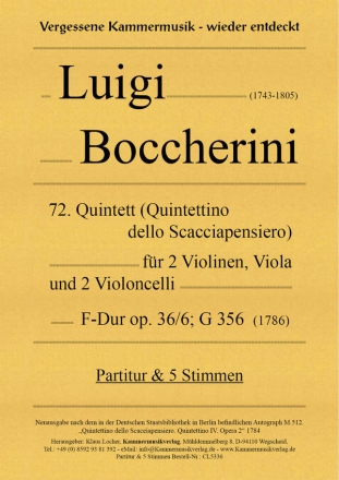 72. Quintett fr 2 Violinen, Viola und 2 Violoncelli, F-Dur, op. 36/6, G 356