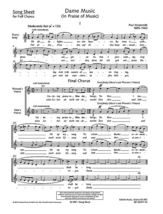 Hindemith, Paul, Dame Music fr Gesang (Frauenchor, Mnnerchor, gemischter Chor), Streicher und an Einzelstimme Liedblatt fr den Massenchor