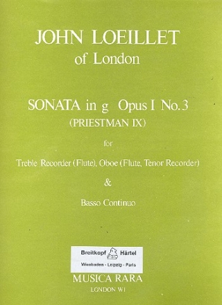 Sonate in g op.1,3 for treble recorder (flute), oboe (flute/tenor recorder) and Bc score and parts