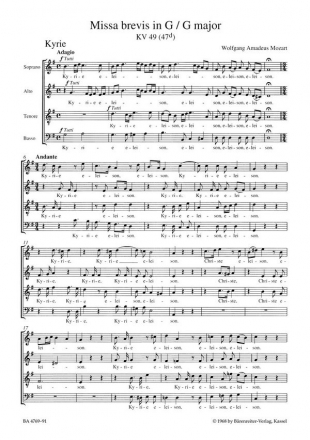 Missa brevis - KV 49 (47 d) Chorpartitur, Urtextausgabe GemCh-SATB