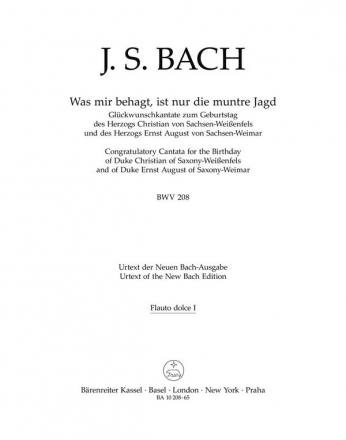 Was mir behagt, ist nur die muntre Jagd - BWV 208 Harmoniestimmen, Urtextausgabe 2 Bfl-A/2 Ob-dacc/Fag/2 Cor-dacc