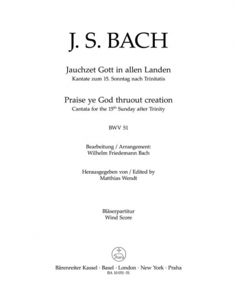 Bach, Johann Sebastian Jauchzet Gott in allen Landen BWV 51 -Kantate zum 15. Sonntag nach Tri Trp1/Trp2/Pk Blserpartitur