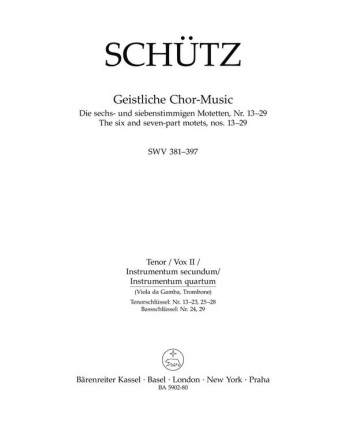 BA5902-80 Schtz, Die 6- und 7-stimmigen Motetten Nr.13-29 SWV381-397 fr gem Chor und Bc Tenor (vox II, instr. secundum)