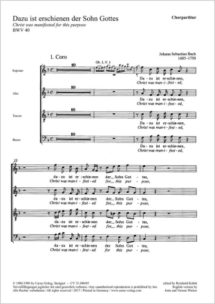 Dazu ist erschienen der Sohn Gottes Soli ATB, Coro SATB, 2 Ob, 2 Cor, Str, Org CH CP