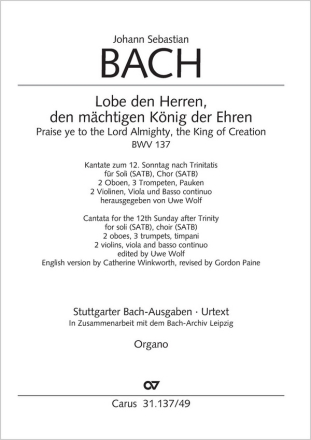 Lobe den Herren, den mchtigen Knig Soli SATB, Coro SATB, 3 Tr, Timp, 2 Ob, Vl solo, Str, Org ORG