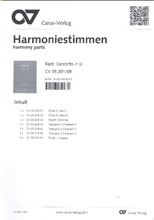 Konzert D-Dur nach BWV249 fr 3 Trompeten, Pauken, 2 Oboen, Fagott, 2 Violinen, Viola und Bc Harmoniestimmen