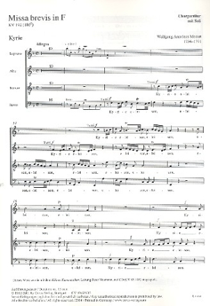 Missa brevis F-Dur KV192 (KV186f) fr Soli, gem Chor und Orchester Chorpartitur mit Soli