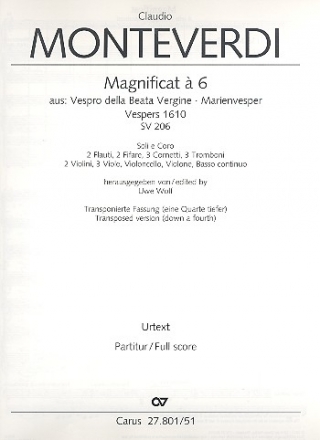 Magnificat  6 aus der Marienvesper SV206 (transponierte Fassung) fr Soli, gem Chor und Orchester Partitur