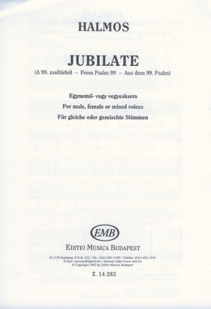 Jubilate for male, female or mixed voices (chorus) a cappella chos score