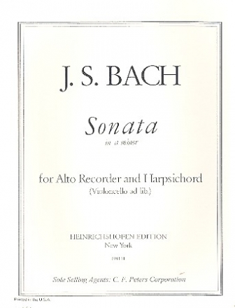 Sonata in a Minor BWV1020 for alto recorder and harpsichord (violoncello ad lib) score and parts